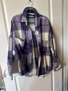 POL Purple and Black Oversized Wool Blend Plaid Jacket